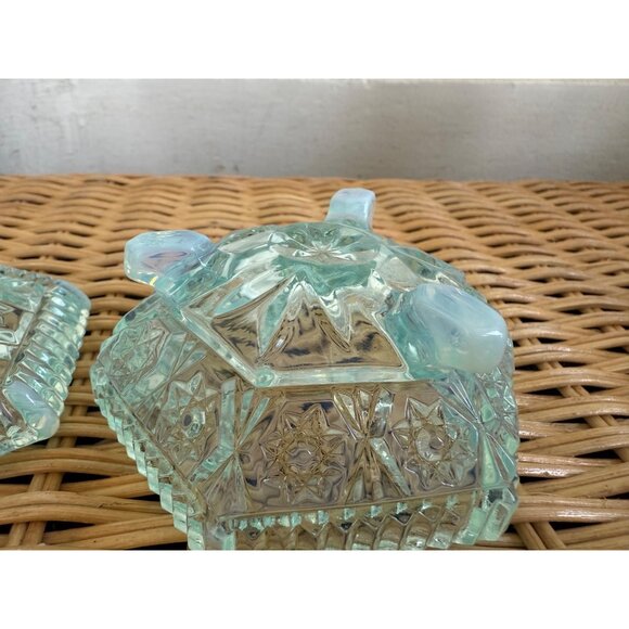 Vintage 50's Fenton Glass Hobstar Blue Opalescent Hexagon Footed Trinket Box - Picture 6 of 9